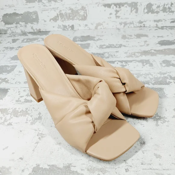 NEW Open Edit Saydee Tan Cream Block Heel Slip On Square Toe Sandals O816 - Picture 4 of 15